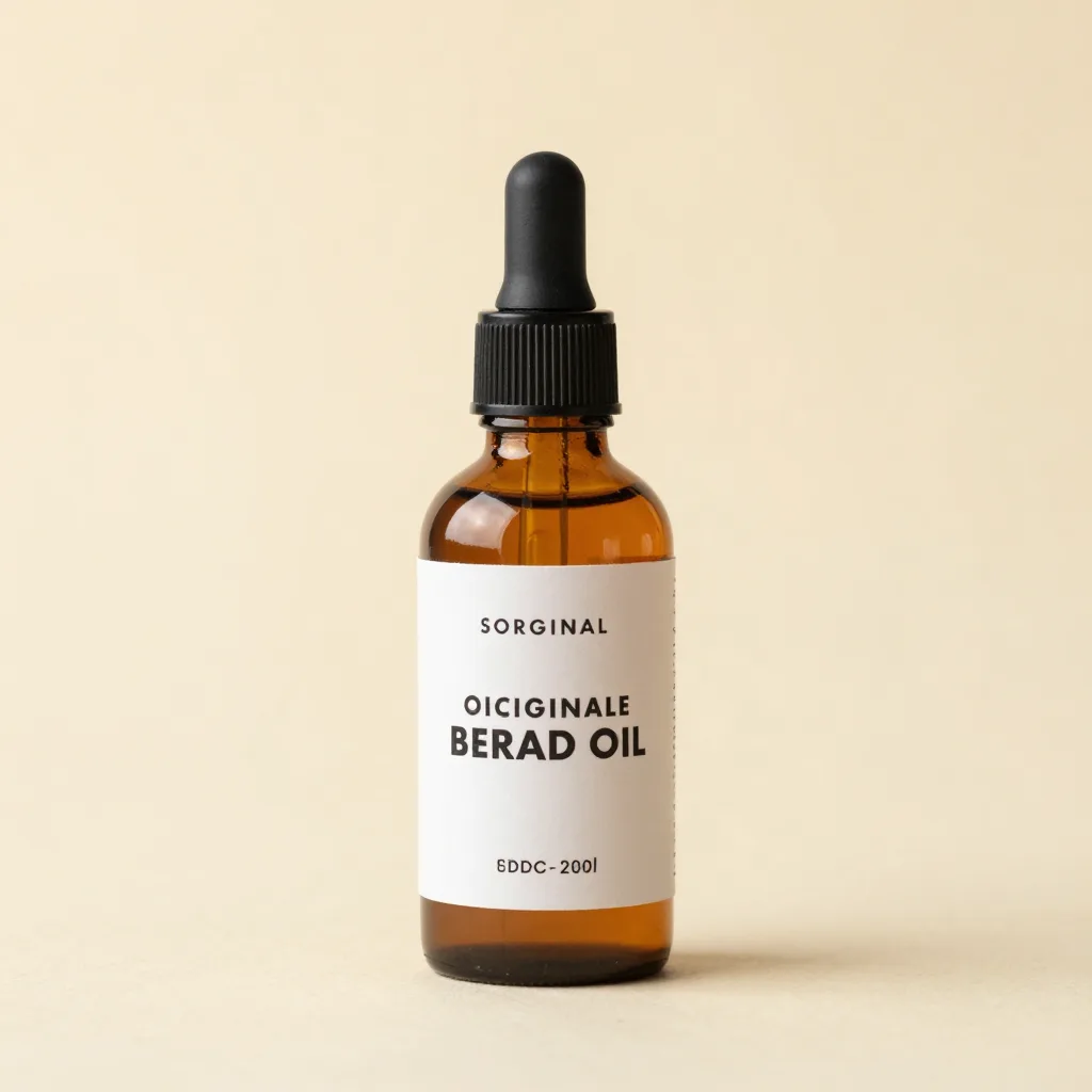 A glass bottle of original beard oil on a warm background