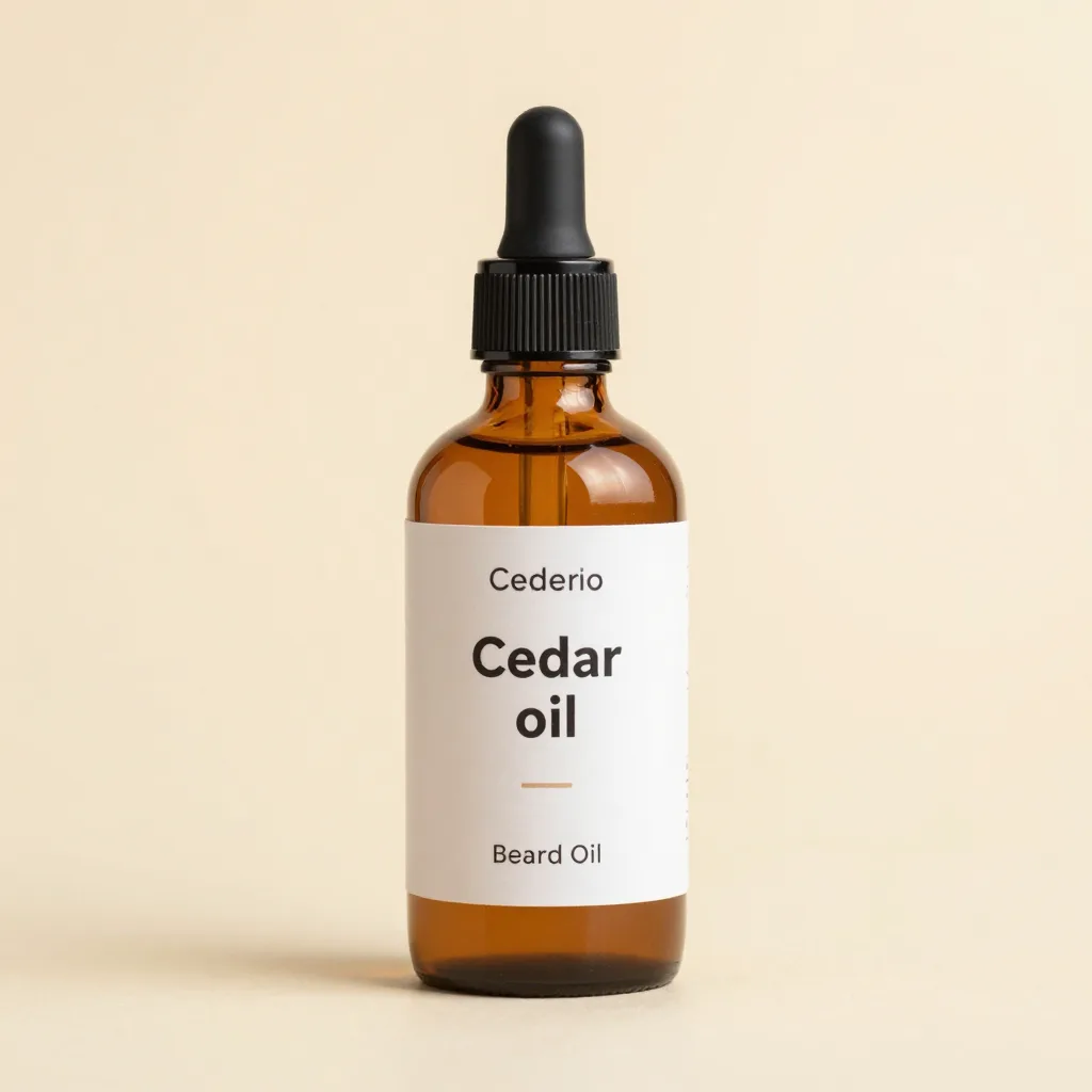 A glass bottle of cedar beard oil on a warm background