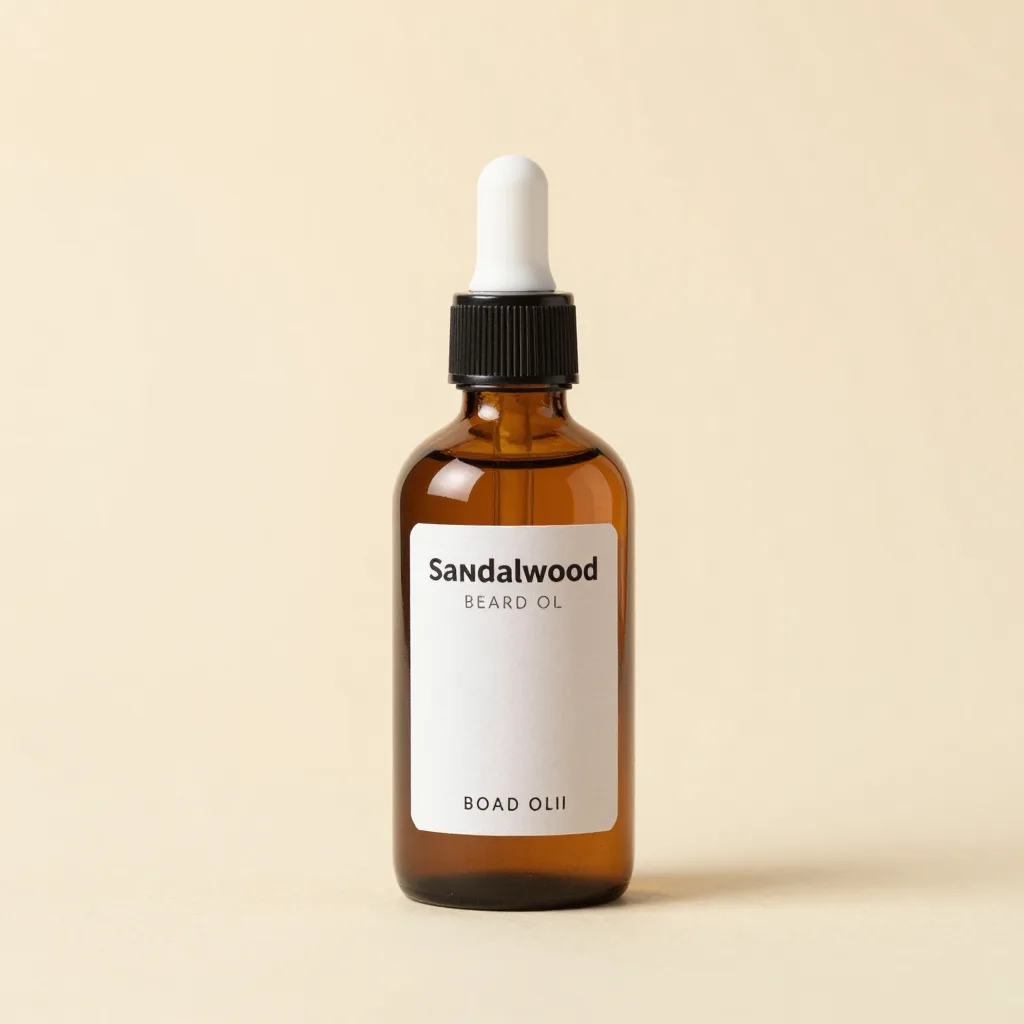 A glass bottle of sandalwood beard oil on a warm background