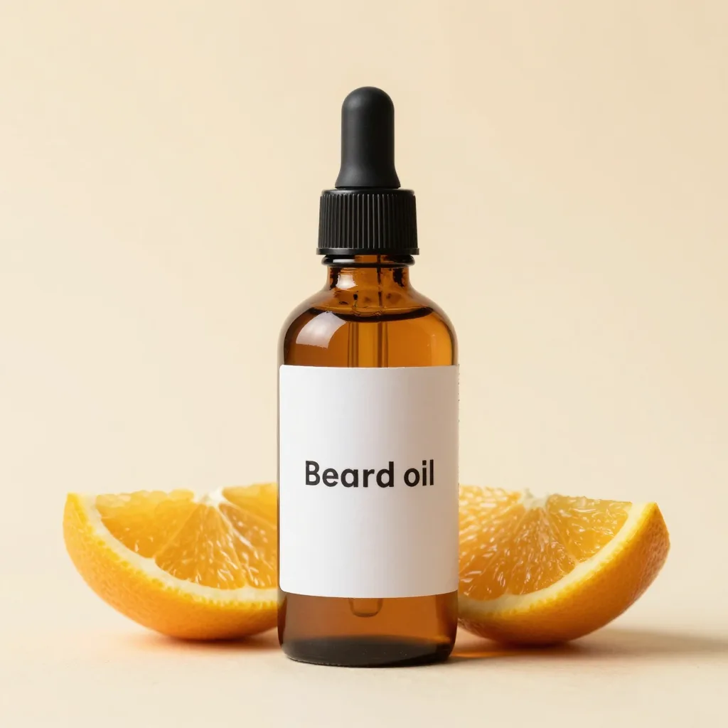 A glass bottle of citrus beard oil on a warm background