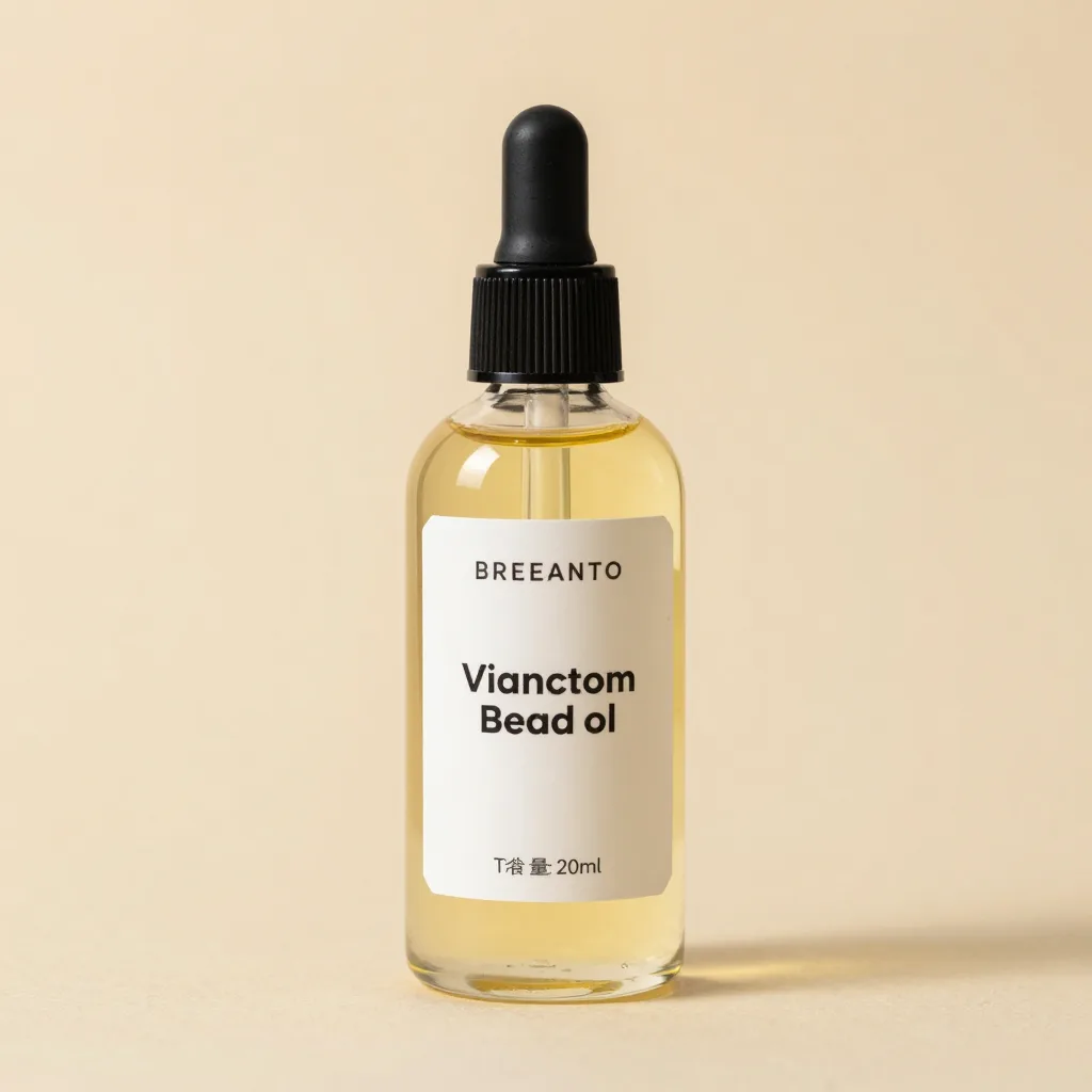 A glass bottle of unscented beard oil on a warm background