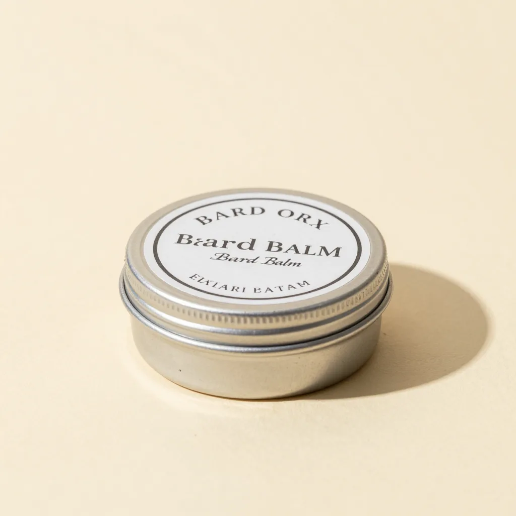 A tin of beard balm on a warm background