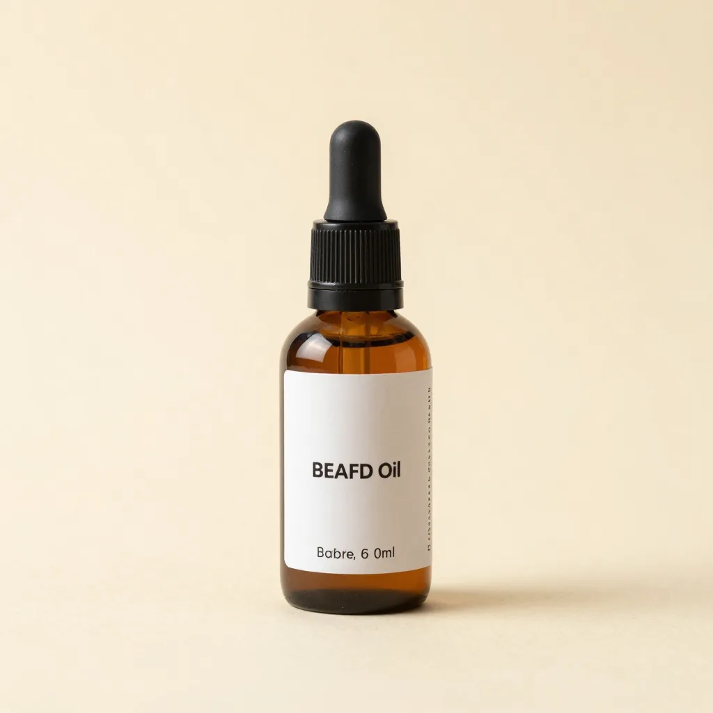 A small travel bottle of beard oil on a warm background