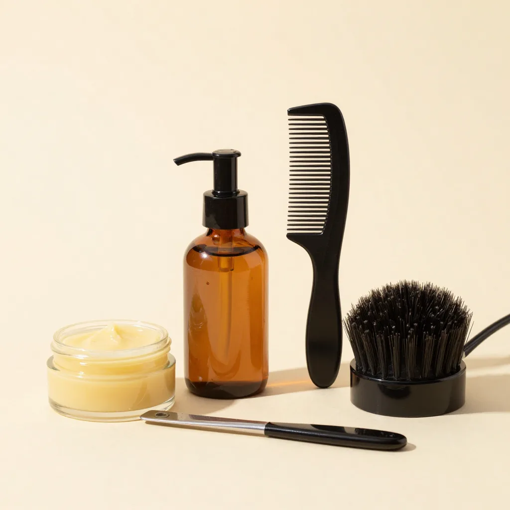 A complete beard kit with oil, balm, comb and brush on a warm background