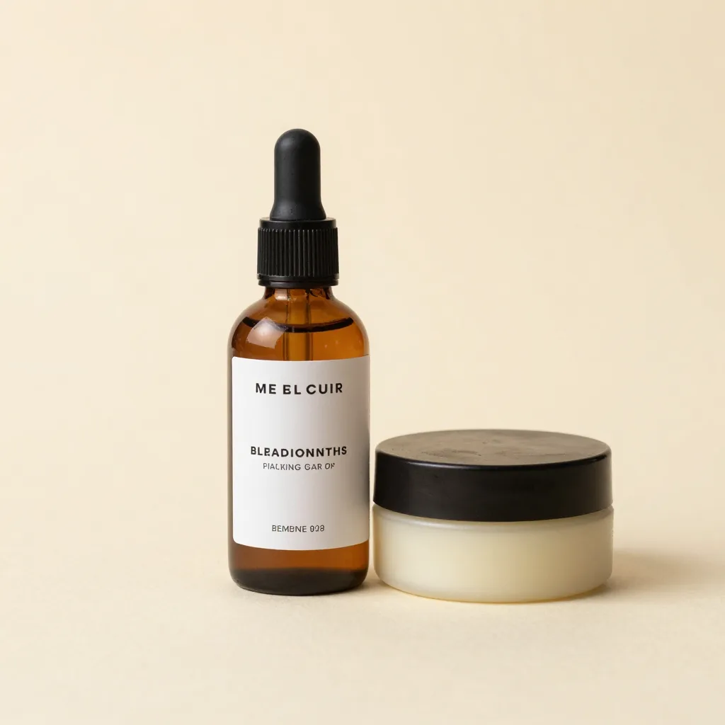 A beard oil and balm set on a warm background
