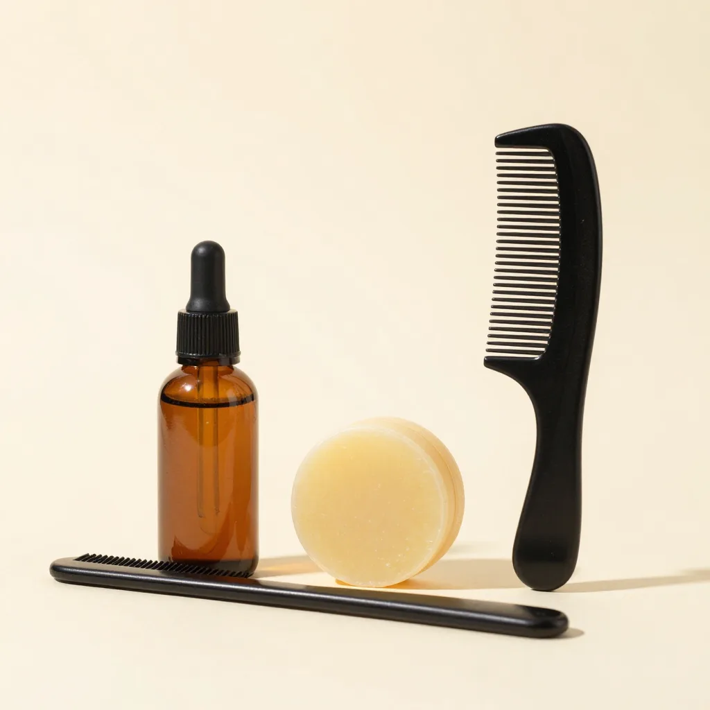 A grooming gift set with beard oil, balm and comb on a warm background